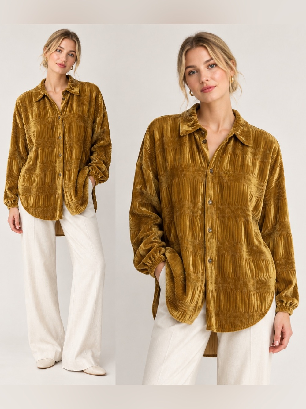Free People Velvet Button Down Shirt Mustard Gold Oversized Boho Indie Lagenlook